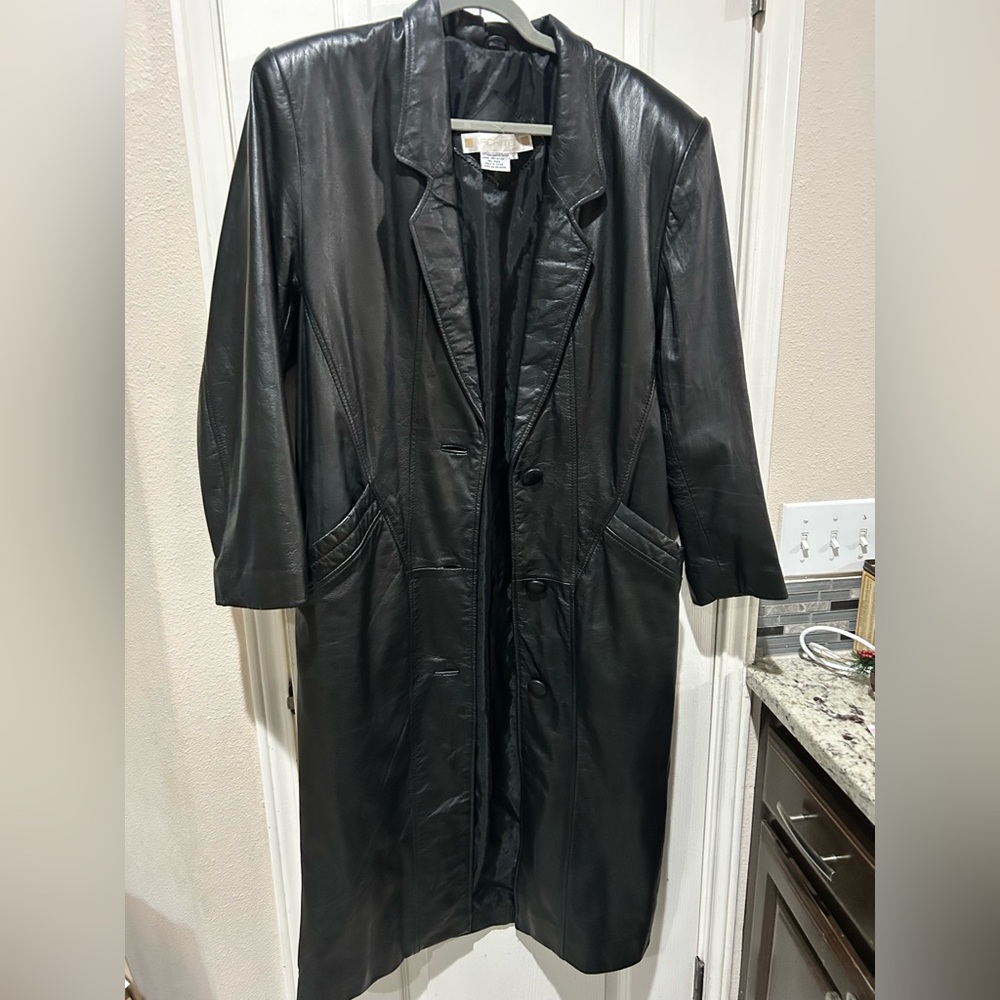 Architect Black Y2K Trench Coat Leather Matrix Shoulder Pads Sz Small Unisex - Picture 1 of 6